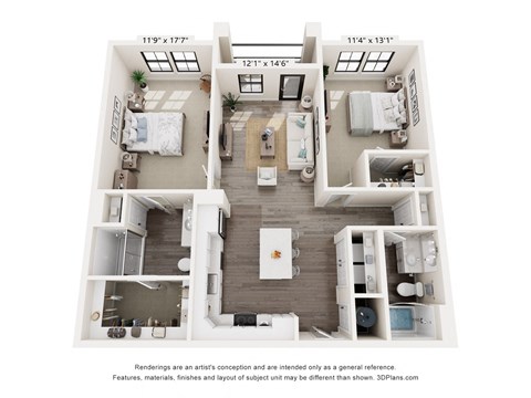 Floor plan for 2 beds, 2 baths, 1131 sqft